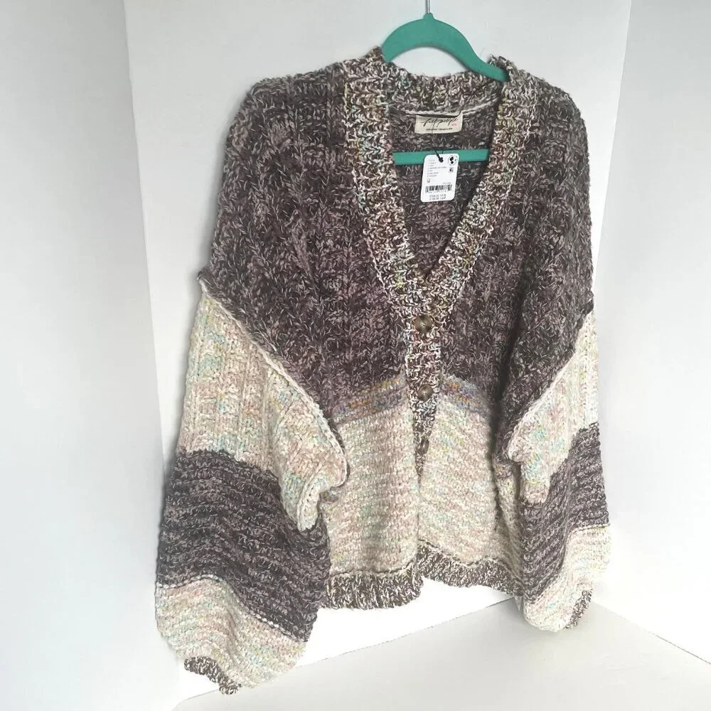 Free People Isabella Cardigan Chunky Knit Slouchy Brown Cream Patchwork M